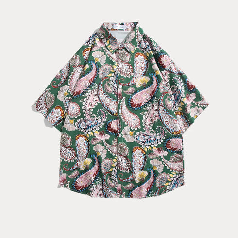 Bandana Print Hawaiian Beach Paisley Shirt with turn-down collar and short sleeves.